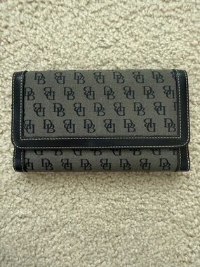 Vintage Dooney & Bourke Canvas DB Monogram Trifold Wallet with Black Trim